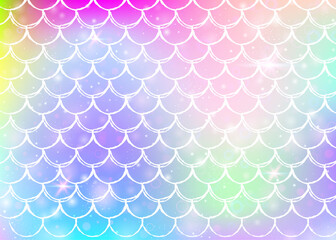 Kawaii mermaid background with princess rainbow scales pattern. Fish tail banner with magic sparkles and stars. Sea fantasy invitation for girlie party. Trendy kawaii mermaid backdrop.