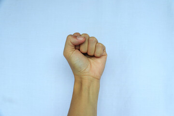 Male asian hand gestures isolated over the white background. 