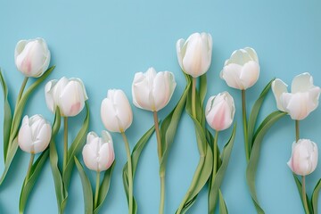 White tulips on blue background