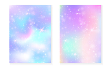 Kawaii background with rainbow princess gradient. Magic unicorn hologram. Holographic fairy set. Vibrant fantasy cover. Kawaii background with sparkles and stars for cute girl party invitation.