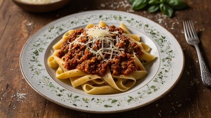 Delicious pasta with hearty bolognese and parmesan cheese