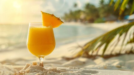 Pineapple Juice Cocktail on a Tropical Beach at Sunset