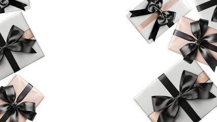 Wrapped gift boxes background. Birthday or Christmas gifts with black silk bows, festive holidays surprises background illustration. Cut out gift boxes on transparent backdrop