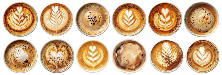 Coffee cups top view. Hot cappuccino or latte coffee with milk foam and coffee art, flavored coffee cups isolated on transparent background. Cut out coffee mugs view from above