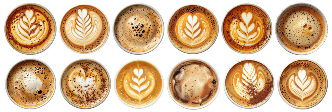 Coffee cups top view. Hot cappuccino or latte coffee with milk foam and coffee art, flavored coffee cups isolated on transparent background. Cut out coffee mugs view from above