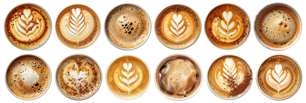 Coffee cups top view. Hot cappuccino or latte coffee with milk foam and coffee art, flavored coffee cups isolated on transparent background. Cut out coffee mugs view from above