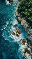 waves crashing into rocky beach coast vertical image