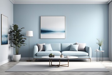 Fototapeta premium Modern Living Room with Gray and Navy Blue Accents - Light Gray Wall and Pastel Blue Sofa