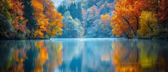 Calm river with autumn trees, vibrant colors, serene atmosphere, natural beauty, copy space