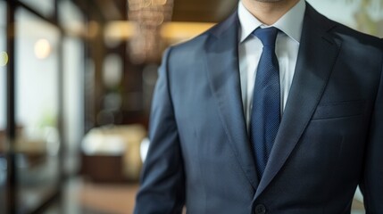 Closeup of a Mans Suit Jacket With a Blue Tie in a Blurred Interior Setting