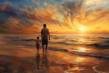 A father and son stand on a sandy beach watching the sunset