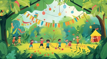 5. See a charming illustration of Children's Day festivities, with children enjoying outdoor games and sports, surrounded by lush greenery and cheerful decorations, complemented by text space to