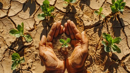 A pair of hands cupping soil with sprouting plants blended with an arid desert to depict restoration efforts