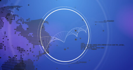 Image of spinning dna structure, spinning globe and data processing against blue background