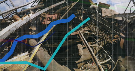 Image of statistical data processing over grid network against view of junkyard