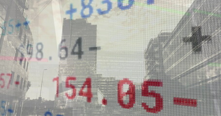 Image of stock market data processing against view of tall buildings