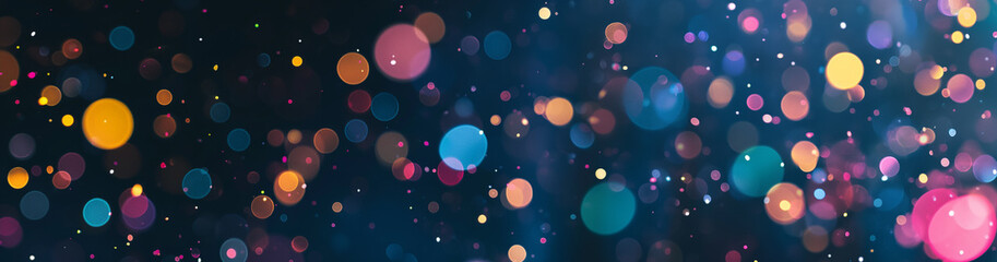 The background is a gradient of dark blue and black with sparkly light-colored dots scattered throughout. Modern art geometry shape or abstract art with colorful vibrant color. Trendy pattern