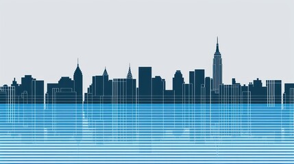 Blue striped skyscraper silhouette city down town business center financial background.