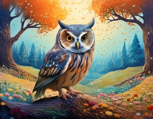Obraz premium colorful owl on a tree branch