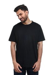 Fototapeta premium Smiling man in black t-shirt on white background