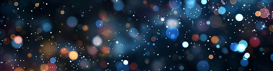 The background is a gradient of dark blue and black with sparkly light-colored dots scattered throughout. Modern art geometry shape or abstract art with colorful vibrant color. Trendy pattern