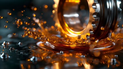 Industrial Gear In Motion With Splashes Of Lubricant Oil, Dynamic Close-up Of Engineering And Machinery Elements, Close-up Of A Metal Bearing With Oil Splashes, Symbolizing Machinery Maintenance 