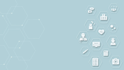 医療、健康をテーマにしたアイコンイラスト　六角形バージョン
