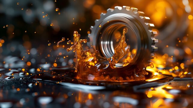 Industrial Gear In Motion With Splashes Of Lubricant Oil, Dynamic Close-up Of Engineering And Machinery Elements, Close-up Of A Metal Bearing With Oil Splashes, Symbolizing Machinery Maintenance 