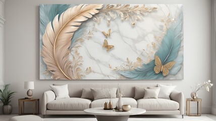 The marbled background is elegantly accented with intricate designs of feathers, flowers and the delicate silhouette of a butterfly.