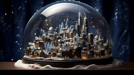 Snow globe with a city in the background. 3d rendering.