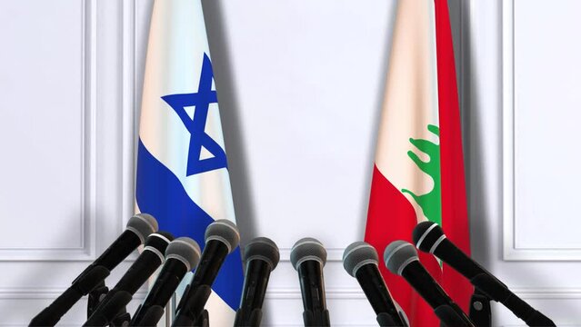 Lebanon and Israel National Flags with Microphones. Official Press Conference of Countries Government