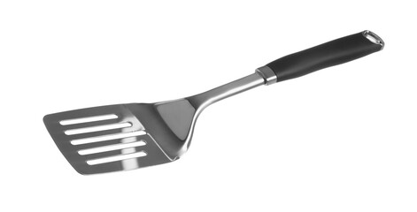 One metal spatula with black handle isolated on white