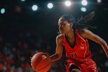 Woman basketball player on court during game wearing red uniform.