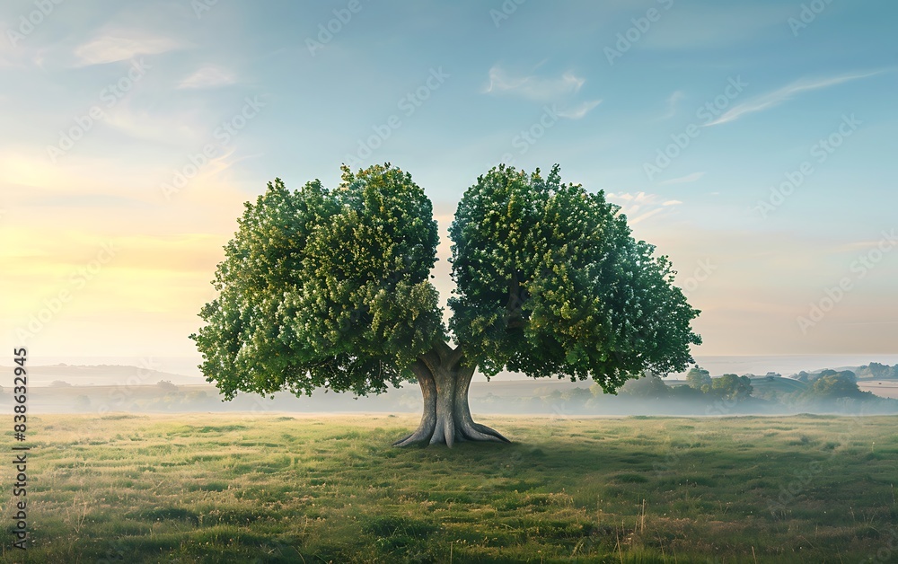 Poster realistic photo of a unique tree shaped like lungs in an open grassy landscape, emphasizing the impo