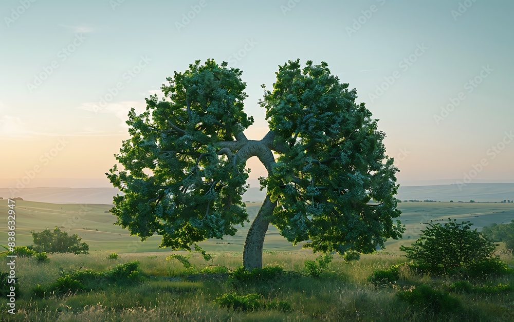 Aufkleber realistic photo of a unique tree shaped like lungs in an open grassy landscape, emphasizing the impo