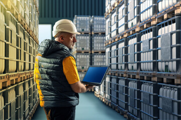 Man warehouse worker. Distribution center manager. Warehouseman with laptop stands in warehouse. Shelves with liquid tanks in warehouse. Man manager of storage center. Fulfillment business contractor