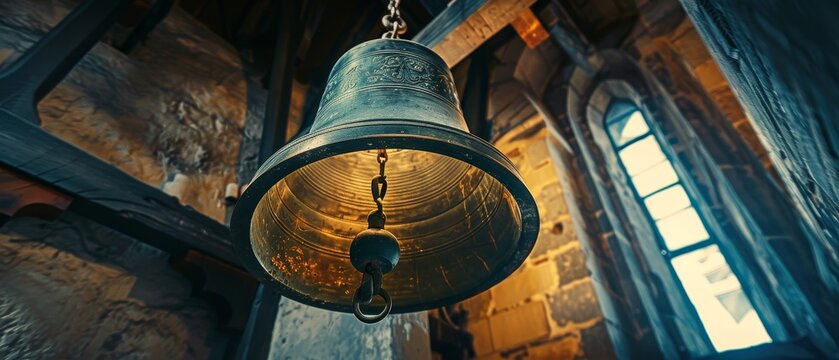 A large old bell hanging inside a historic stone building with sunlight streaming through windows, capturing a sense of antiquity and heritage.