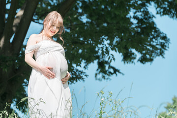 マタニティフォトの撮影をするアジア人妊婦の女性（青空・森・森林）
