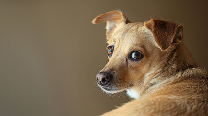 Obraz premium Adorable tan dog with alert expression looking over its shoulder against a plain background, capturing natural pet portrait.
