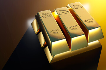 Stack of gold bars. Aurum from safe deposit box. Gold to accumulate reserves. Gold bars on dark background. Heap of aurum in shape of truncated pyramids. Golden metal weighing 1 kg. 3d image