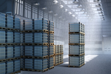 Enterprise warehouse. Interior of storage facility inside hangar. Tanks for liquids on pallets. Plastic storage containers. Chemical liquids warehouse. Chemical tanks are stored on pallets. 3d image