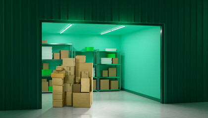 Open storage cell. Small warehouse with boxes. Gate to storage room. Space for storing unnecessary things. Warehouse cell in building. Storage area for enterprise. Storeouse for commercial. 3d image