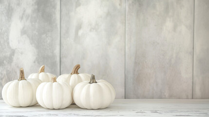 Cute white small pumpkins on rustic background with space for writing.