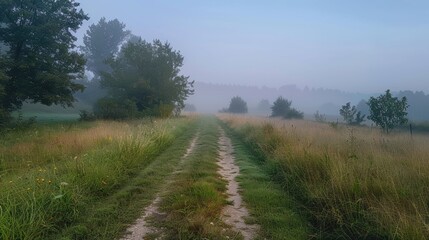 A rural scene of foggy summer morning on a grassy dirt road