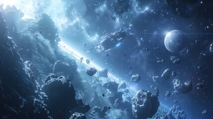 An asteroid field is traversed by a futuristic spacecraft, with planets and stars behind it.