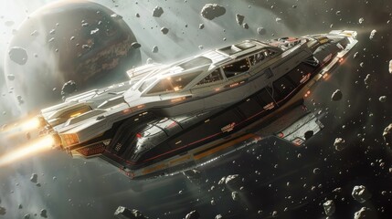 A futuristic spacecraft maneuvers through an asteroid field, with planets and stars in the backdrop.