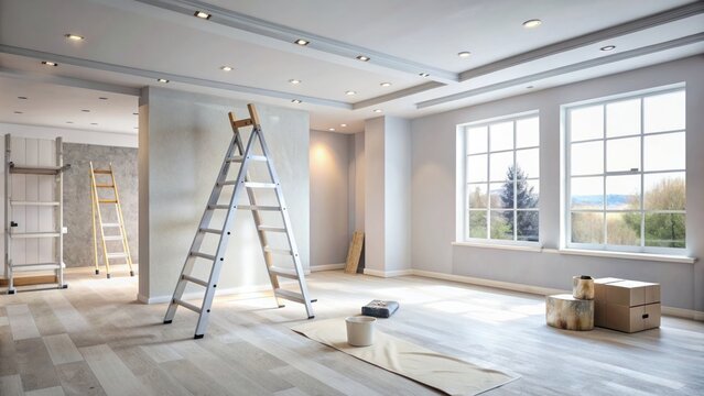 Contemporary apartment renovation scene featuring a blank canvas painted gipsum drywall, a ladder leaning against the wall, and a modern room in mid-transformation.