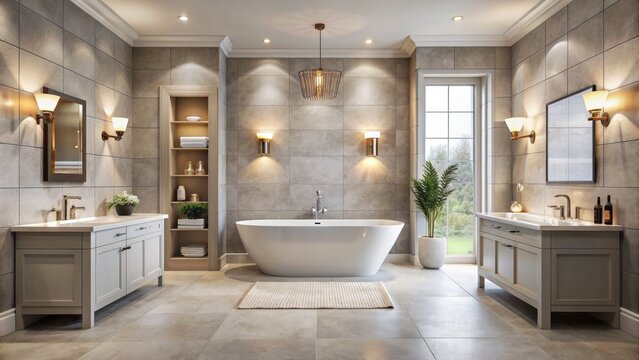 Elegant transitional style bathroom with light gray rectangle tiles on walls and floor, freestanding tub, and modern fixtures under soft, warm overhead lighting.