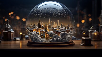 3d illustration of a snow globe with a city in the background