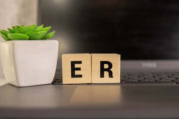 Medical stethoscope, wooden blocks with the inscription ER